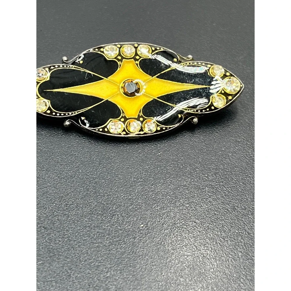 Catherine Popesco Unsigned Black Enamel Gold Tone rhinestone Art Deco Brooch